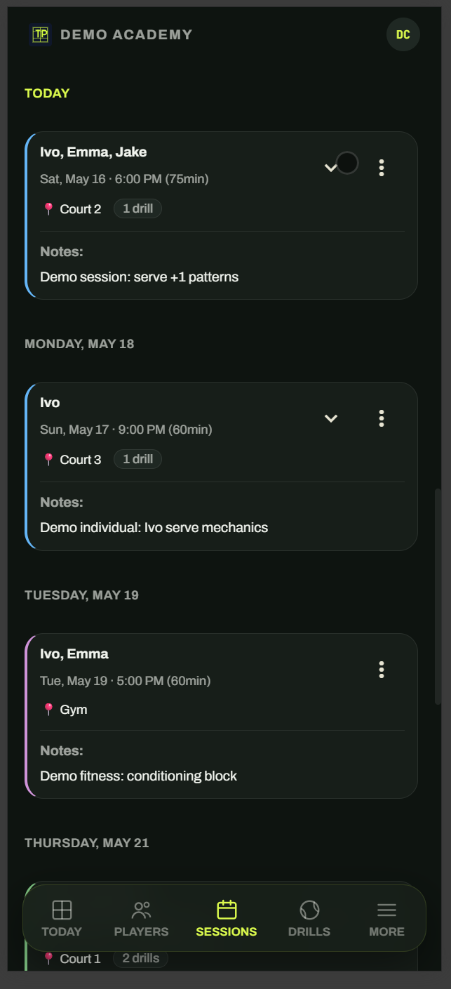 Session schedule